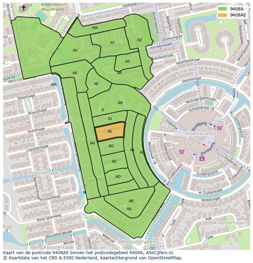 Afbeelding van het postcodegebied 9408 AE op de kaart.