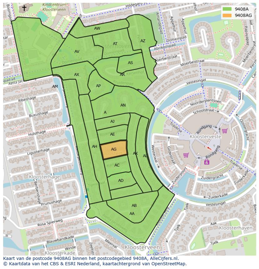 Afbeelding van het postcodegebied 9408 AG op de kaart.