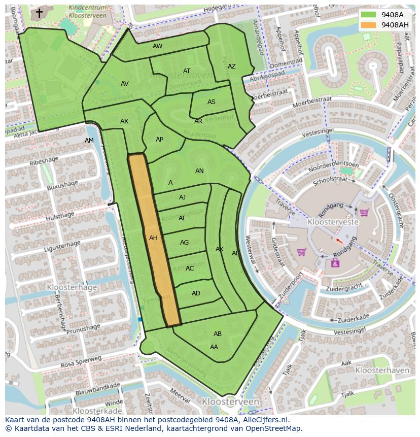 Afbeelding van het postcodegebied 9408 AH op de kaart.