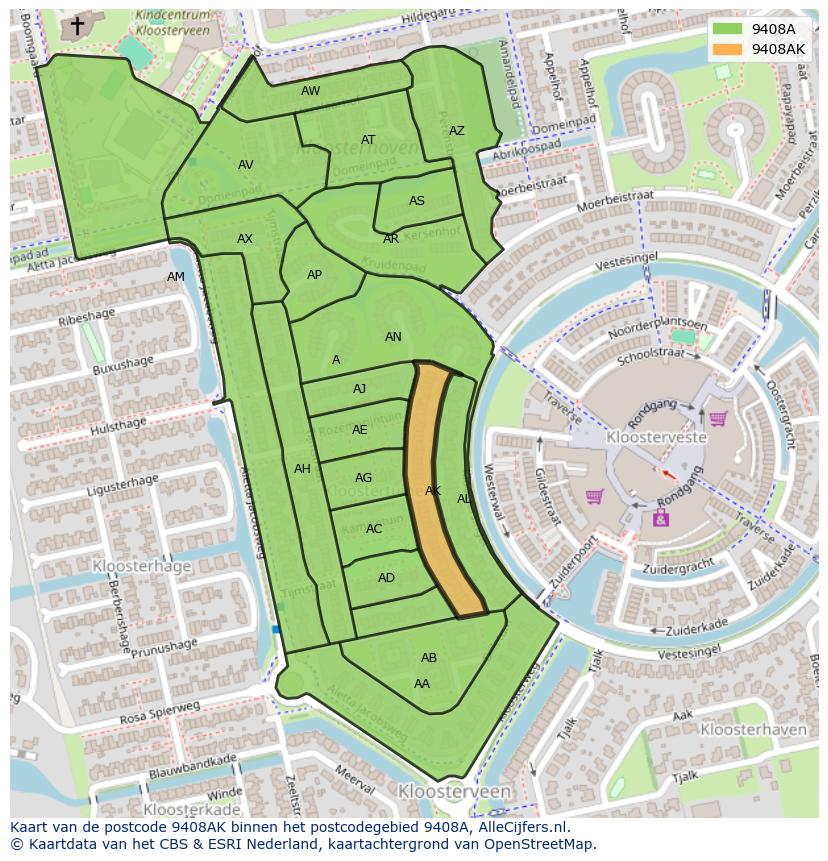 Afbeelding van het postcodegebied 9408 AK op de kaart.