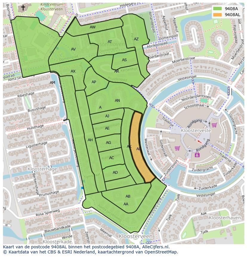 Afbeelding van het postcodegebied 9408 AL op de kaart.