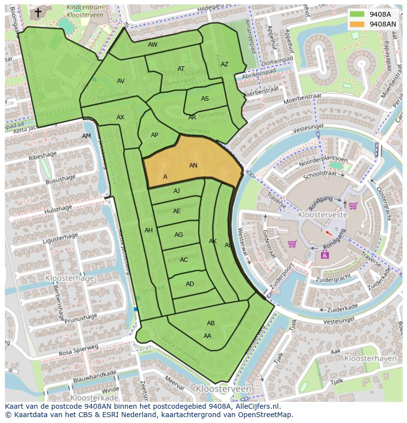 Afbeelding van het postcodegebied 9408 AN op de kaart.