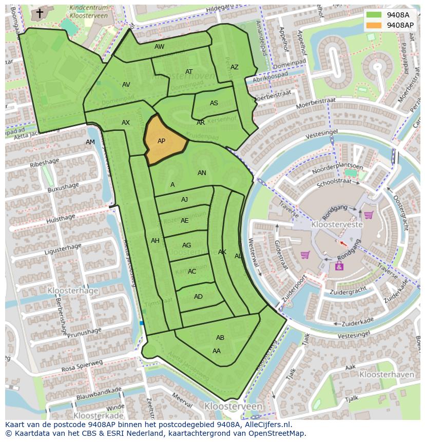 Afbeelding van het postcodegebied 9408 AP op de kaart.