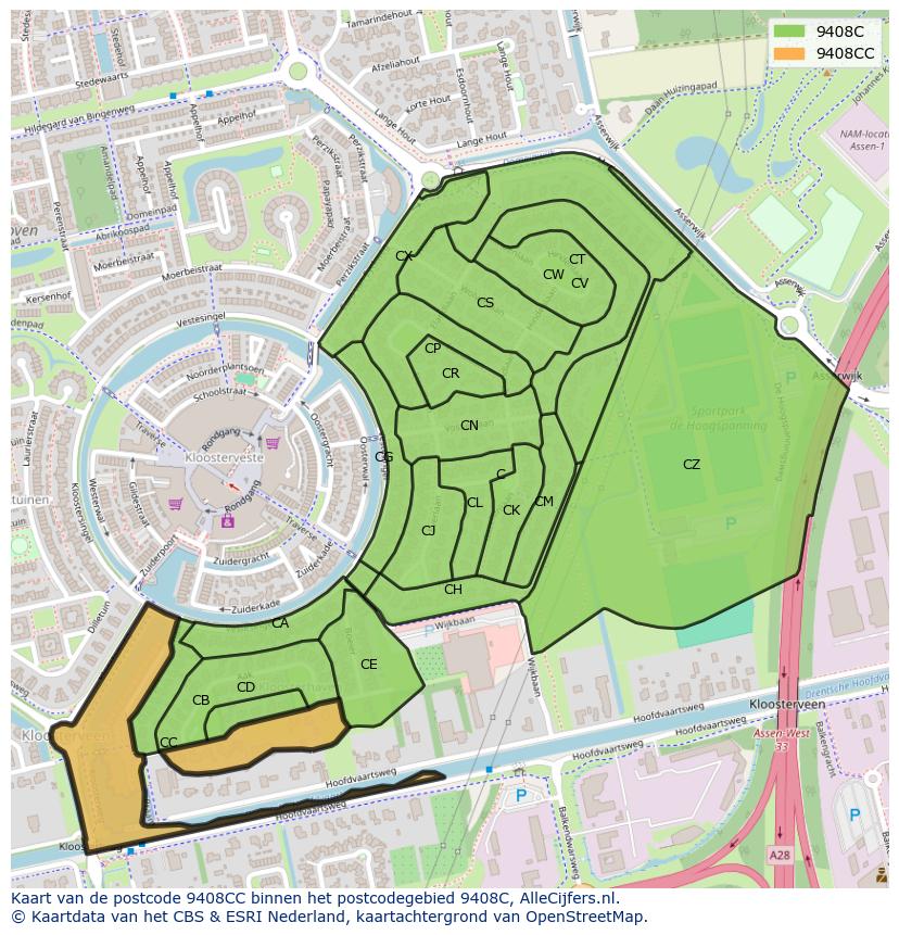Afbeelding van het postcodegebied 9408 CC op de kaart.