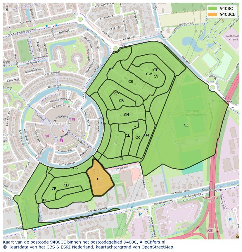 Afbeelding van het postcodegebied 9408 CE op de kaart.