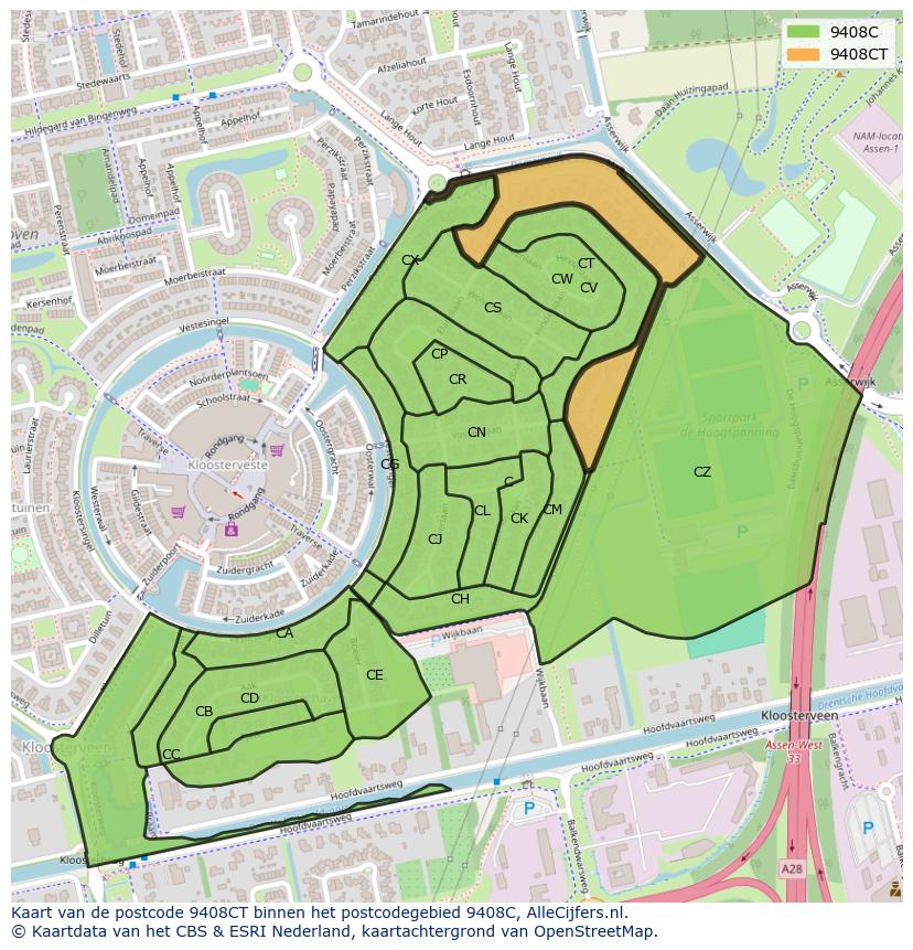 Afbeelding van het postcodegebied 9408 CT op de kaart.