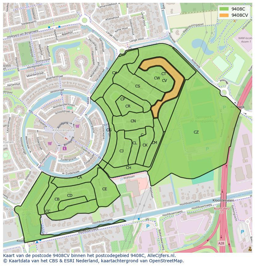 Afbeelding van het postcodegebied 9408 CV op de kaart.