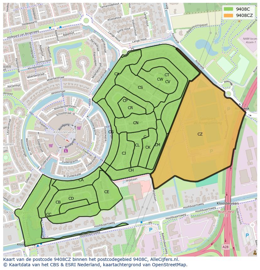 Afbeelding van het postcodegebied 9408 CZ op de kaart.