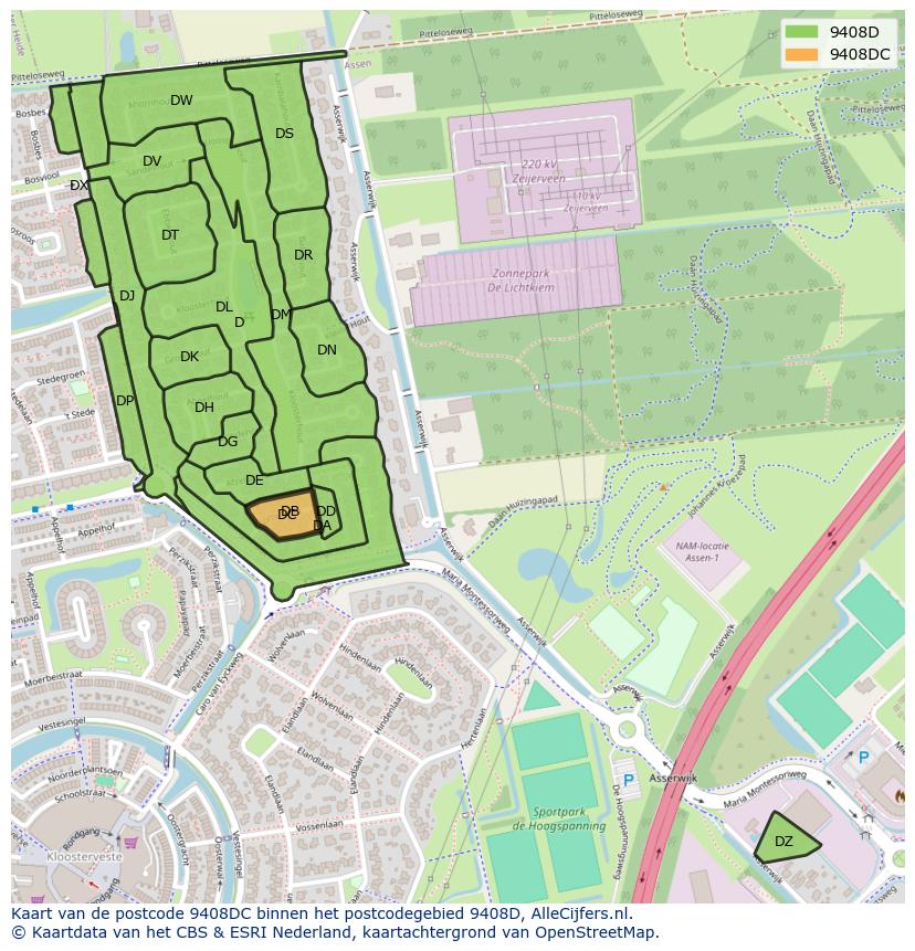 Afbeelding van het postcodegebied 9408 DC op de kaart.