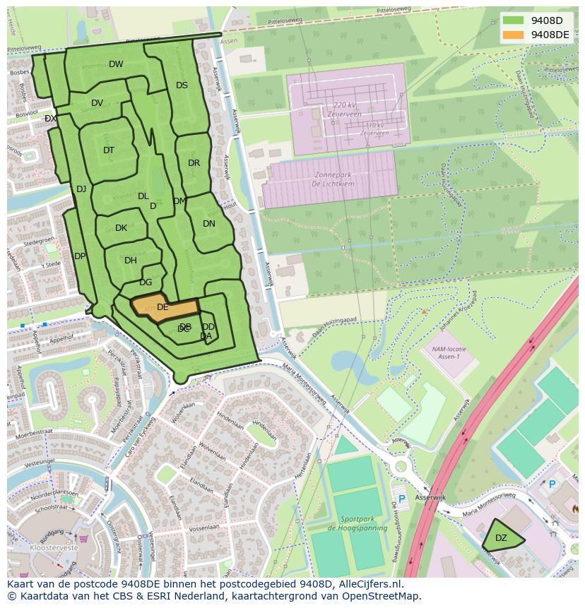 Afbeelding van het postcodegebied 9408 DE op de kaart.