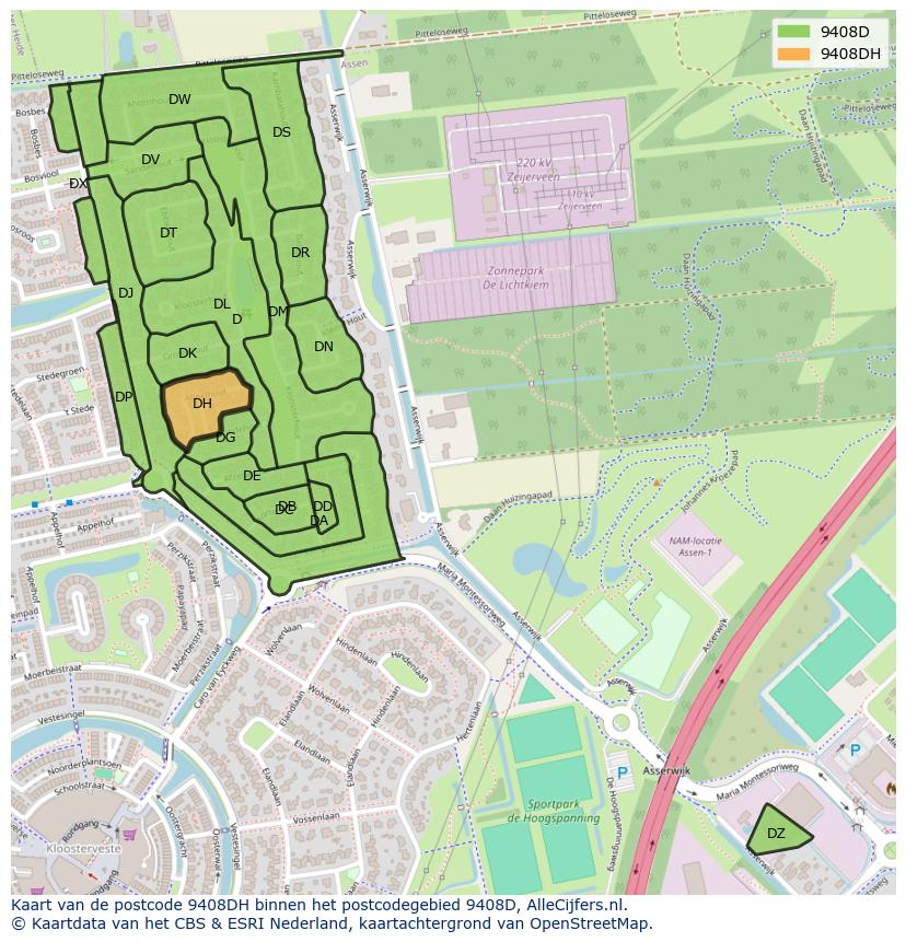 Afbeelding van het postcodegebied 9408 DH op de kaart.