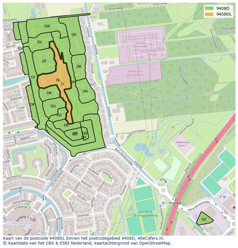 Afbeelding van het postcodegebied 9408 DL op de kaart.
