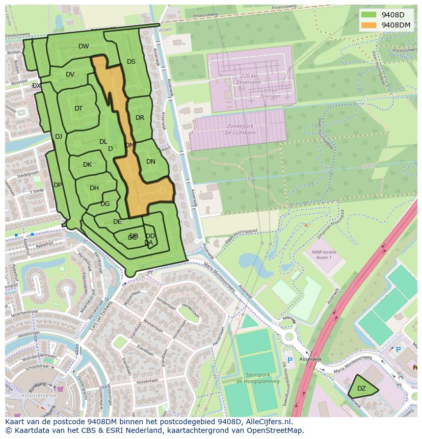Afbeelding van het postcodegebied 9408 DM op de kaart.
