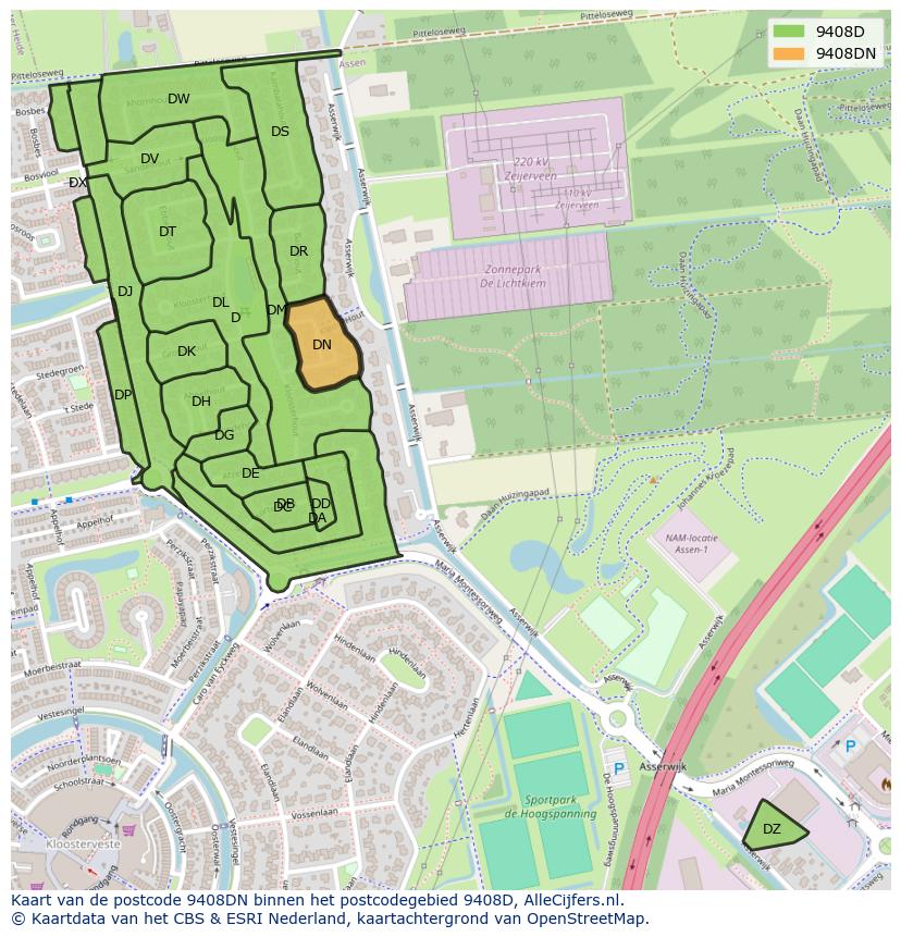 Afbeelding van het postcodegebied 9408 DN op de kaart.