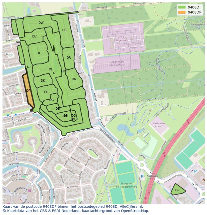 Afbeelding van het postcodegebied 9408 DP op de kaart.