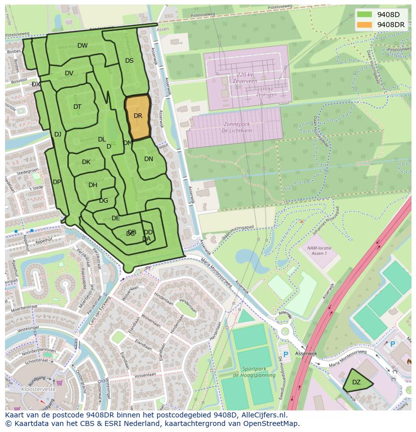 Afbeelding van het postcodegebied 9408 DR op de kaart.