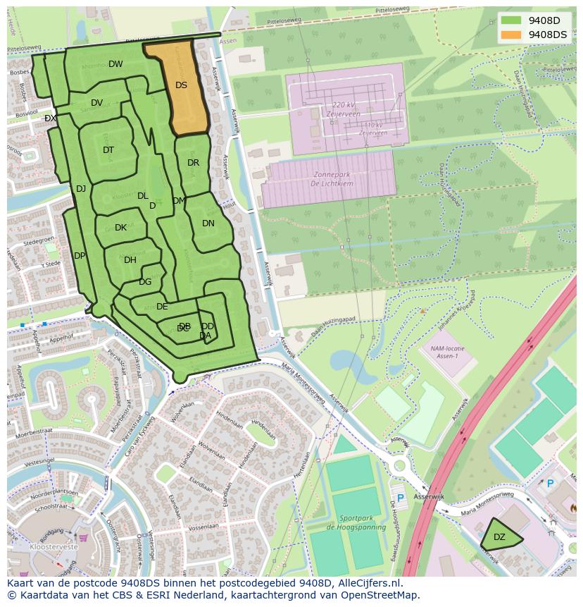 Afbeelding van het postcodegebied 9408 DS op de kaart.
