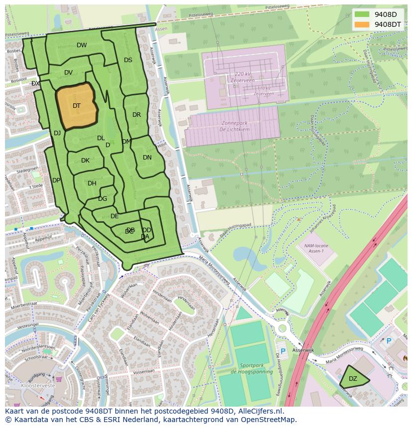 Afbeelding van het postcodegebied 9408 DT op de kaart.