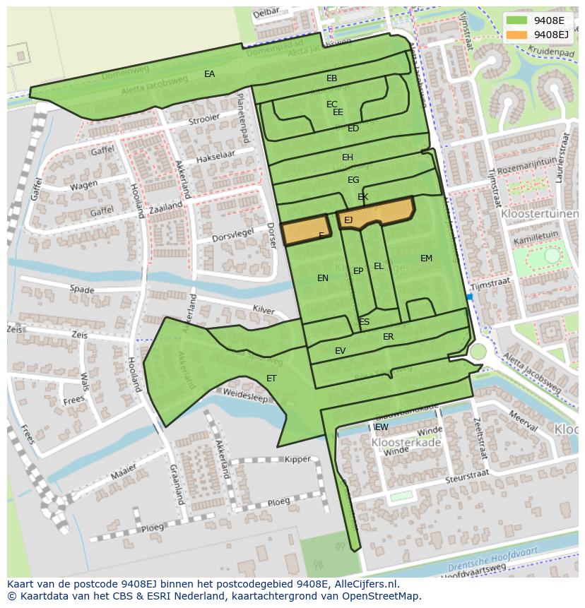 Afbeelding van het postcodegebied 9408 EJ op de kaart.