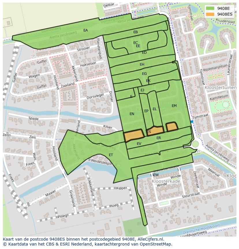 Afbeelding van het postcodegebied 9408 ES op de kaart.