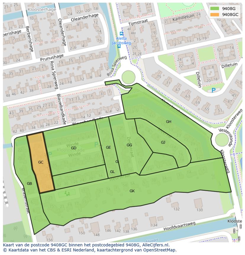 Afbeelding van het postcodegebied 9408 GC op de kaart.