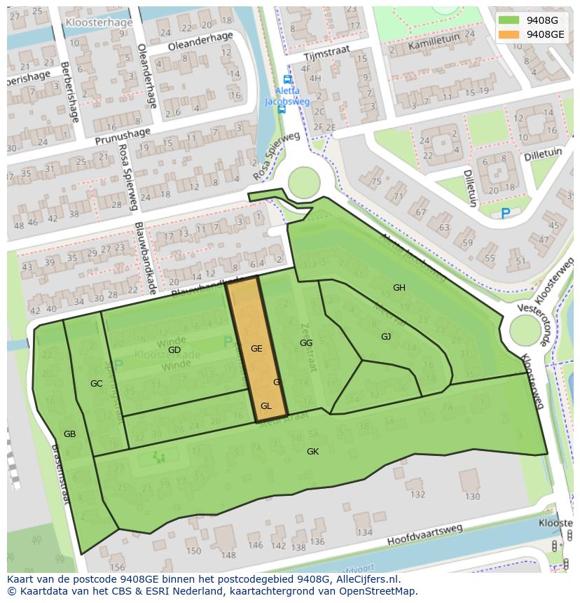 Afbeelding van het postcodegebied 9408 GE op de kaart.