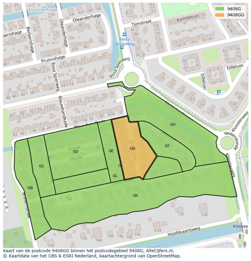 Afbeelding van het postcodegebied 9408 GG op de kaart.