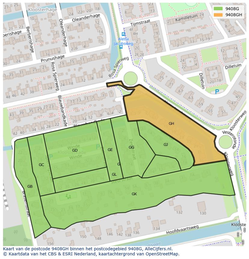 Afbeelding van het postcodegebied 9408 GH op de kaart.