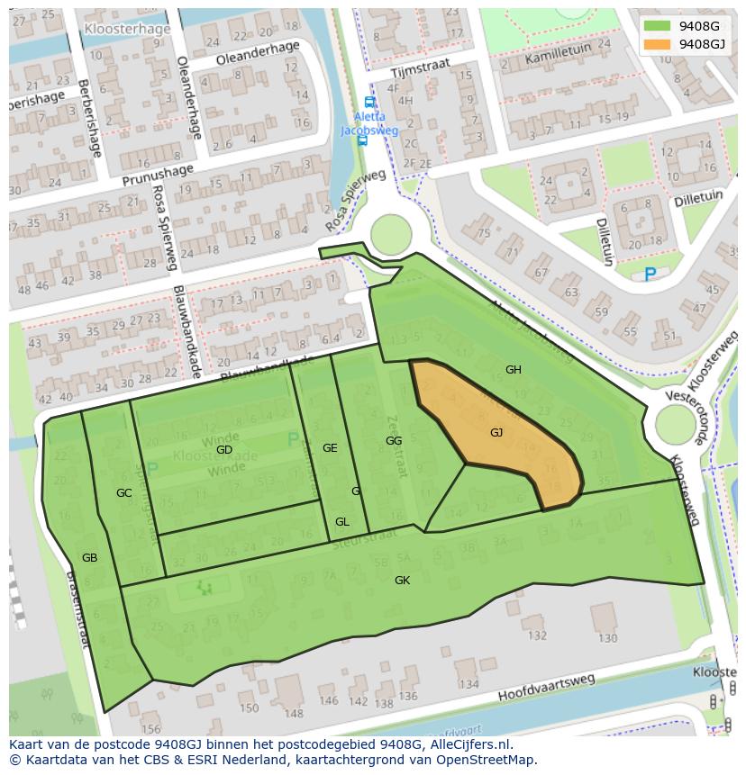Afbeelding van het postcodegebied 9408 GJ op de kaart.