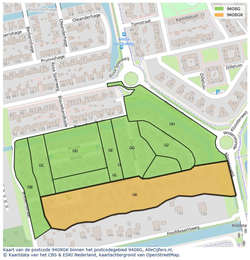 Afbeelding van het postcodegebied 9408 GK op de kaart.