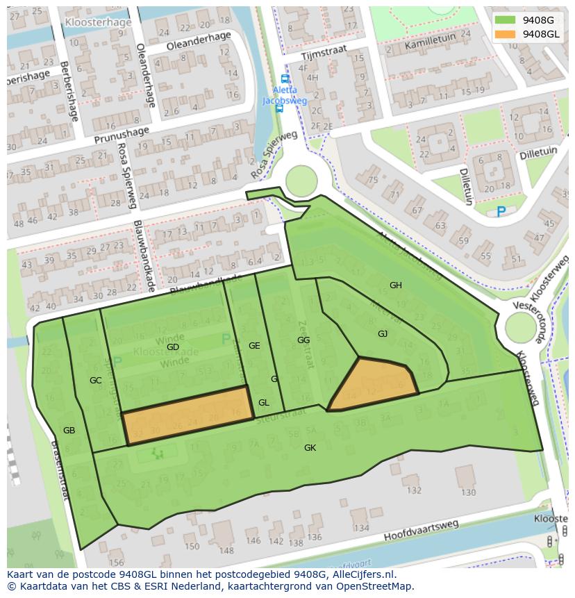 Afbeelding van het postcodegebied 9408 GL op de kaart.