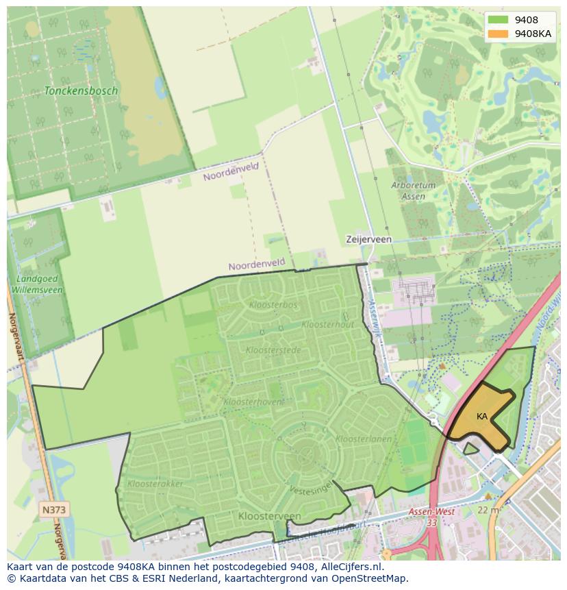 Afbeelding van het postcodegebied 9408 KA op de kaart.
