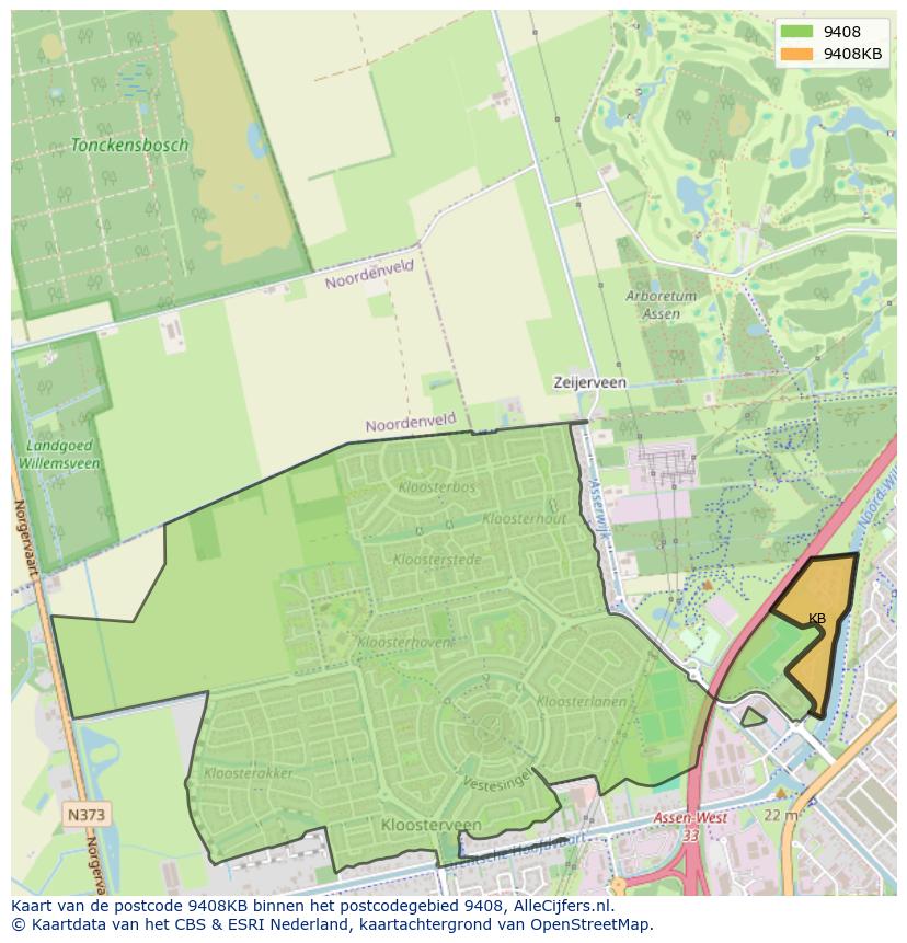 Afbeelding van het postcodegebied 9408 KB op de kaart.