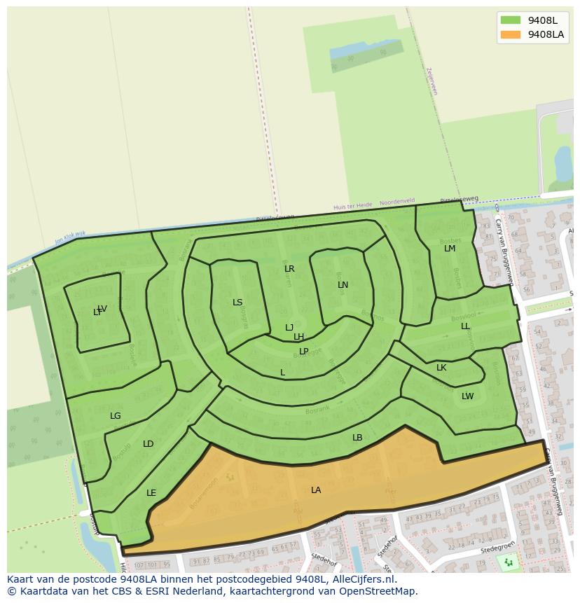 Afbeelding van het postcodegebied 9408 LA op de kaart.