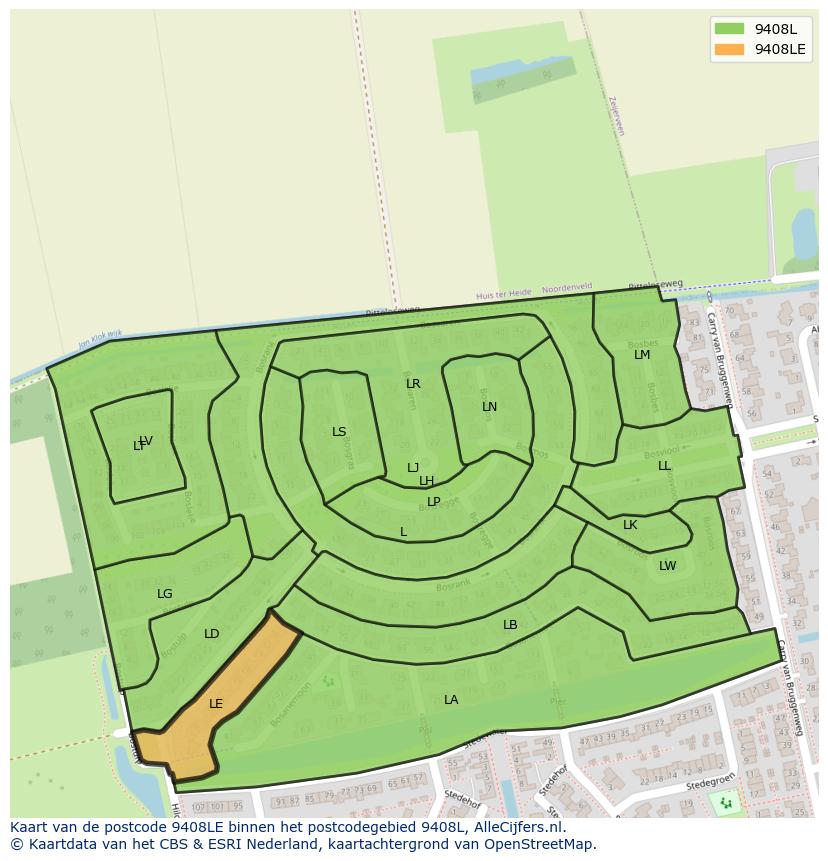 Afbeelding van het postcodegebied 9408 LE op de kaart.
