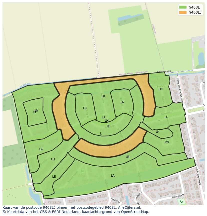 Afbeelding van het postcodegebied 9408 LJ op de kaart.