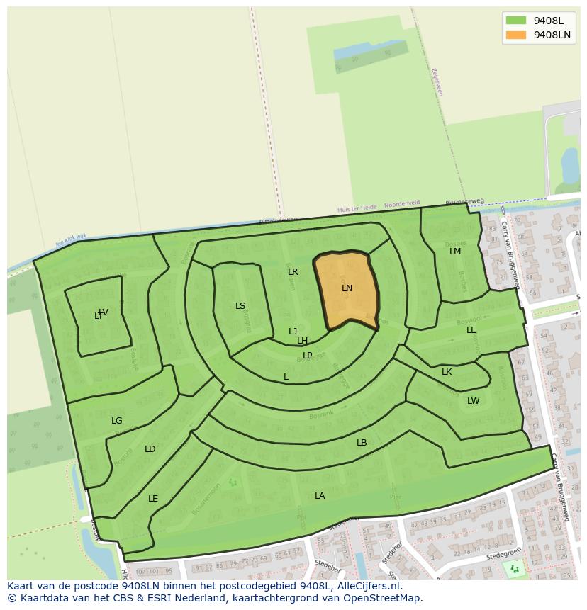 Afbeelding van het postcodegebied 9408 LN op de kaart.