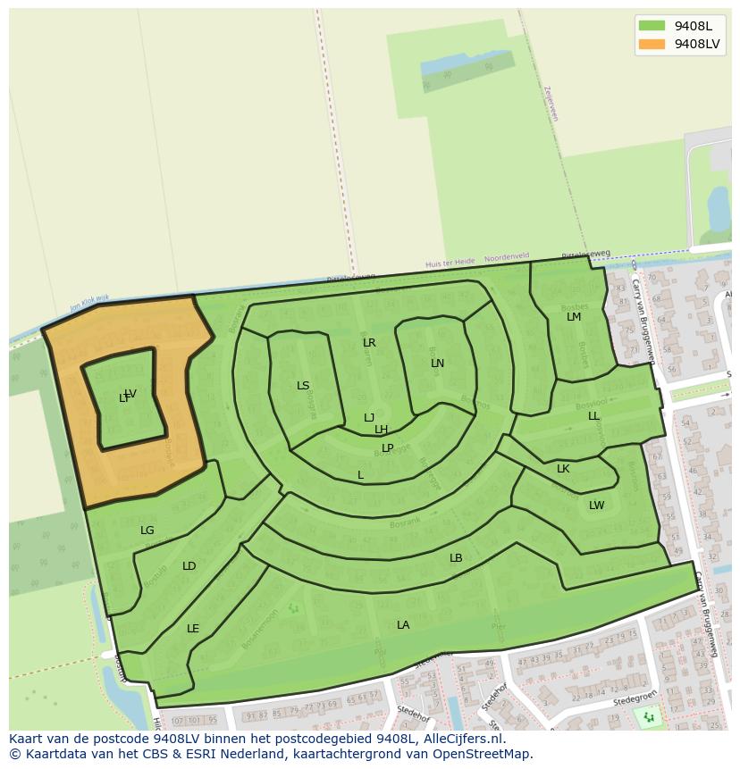 Afbeelding van het postcodegebied 9408 LV op de kaart.