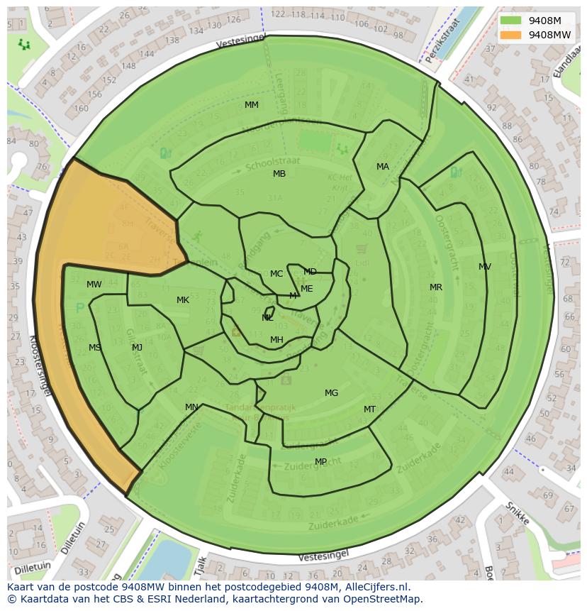 Afbeelding van het postcodegebied 9408 MW op de kaart.