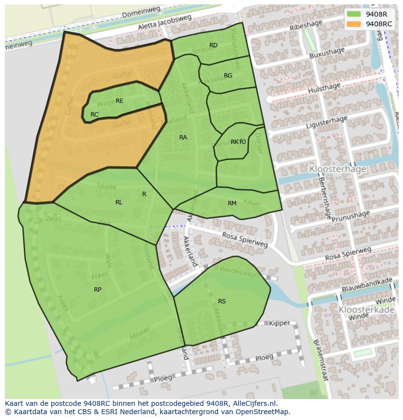 Afbeelding van het postcodegebied 9408 RC op de kaart.