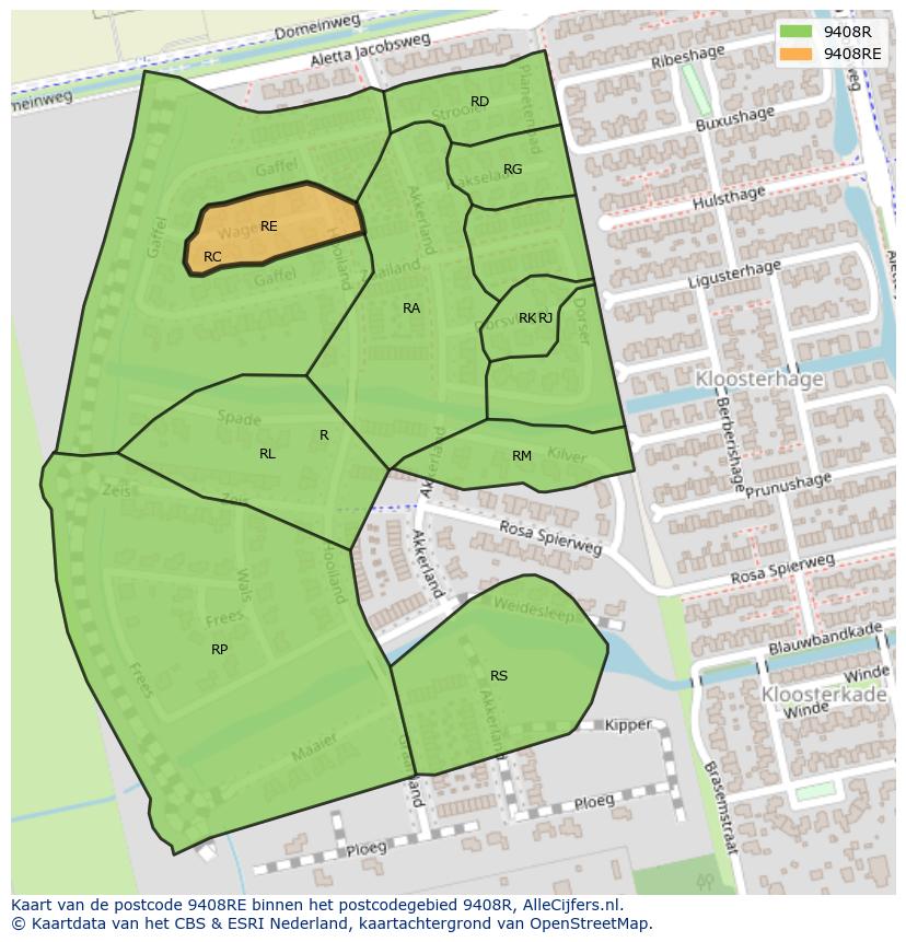 Afbeelding van het postcodegebied 9408 RE op de kaart.