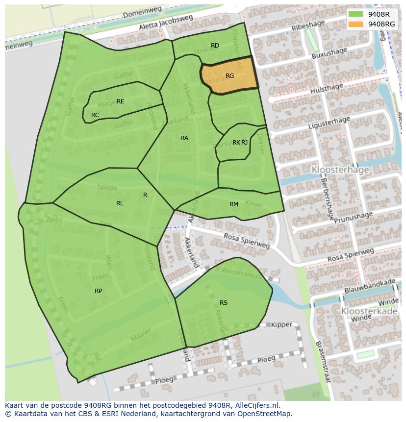 Afbeelding van het postcodegebied 9408 RG op de kaart.