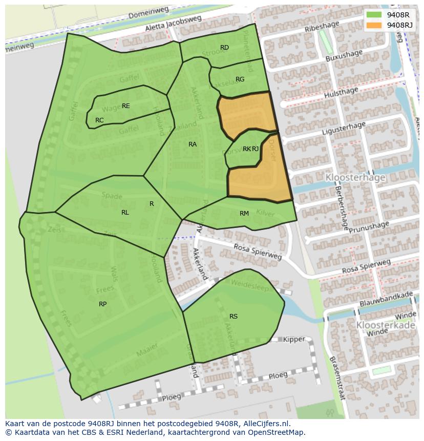 Afbeelding van het postcodegebied 9408 RJ op de kaart.