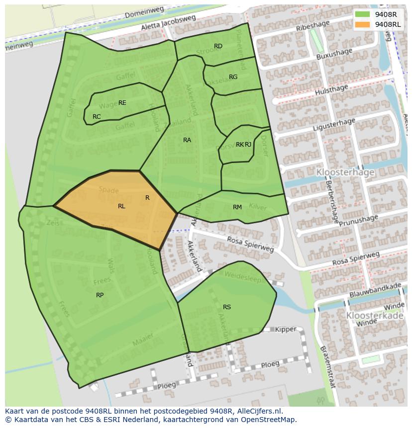 Afbeelding van het postcodegebied 9408 RL op de kaart.