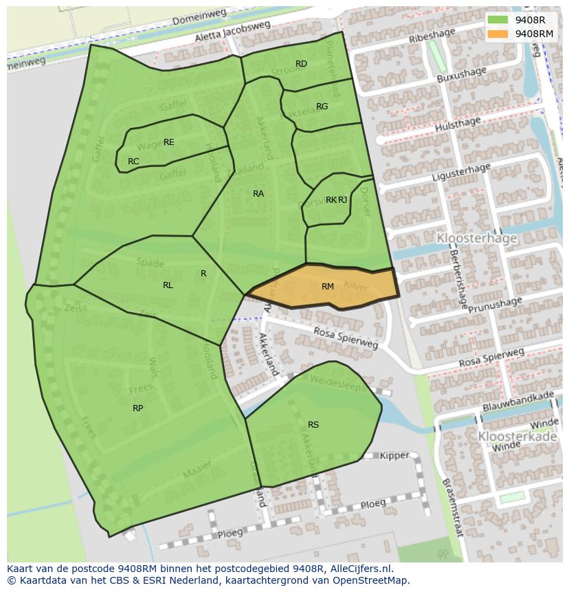 Afbeelding van het postcodegebied 9408 RM op de kaart.