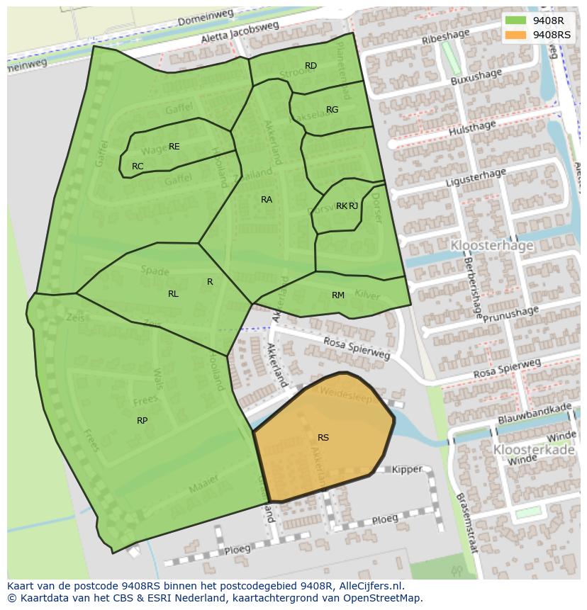 Afbeelding van het postcodegebied 9408 RS op de kaart.