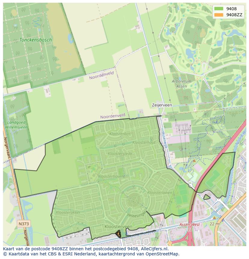 Afbeelding van het postcodegebied 9408 ZZ op de kaart.