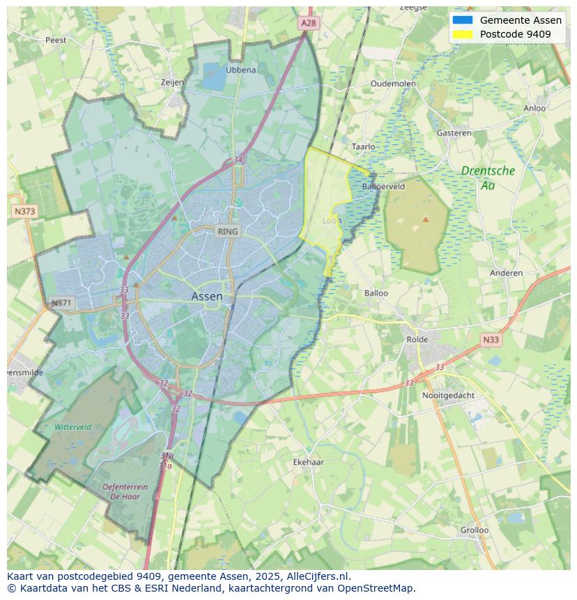 Afbeelding van het postcodegebied 9409 op de kaart.