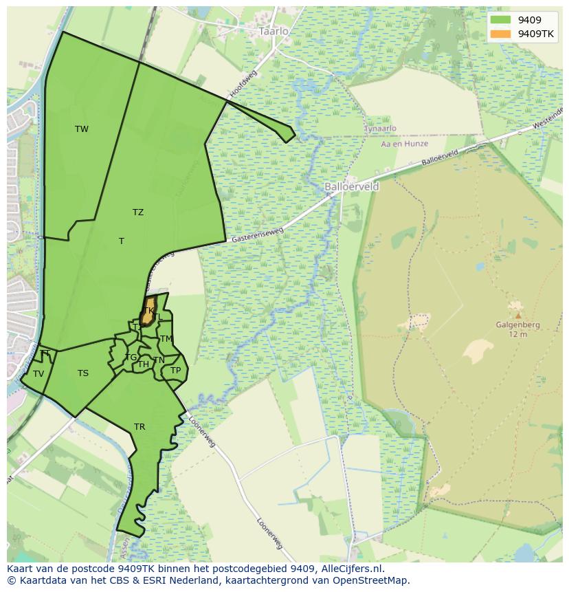 Afbeelding van het postcodegebied 9409 TK op de kaart.