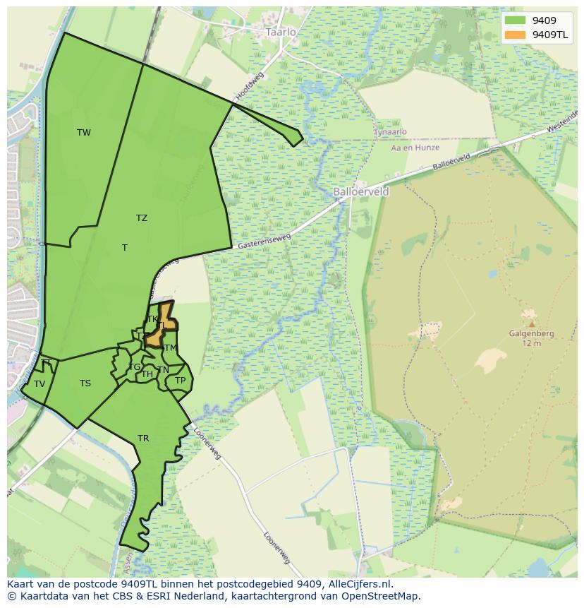 Afbeelding van het postcodegebied 9409 TL op de kaart.